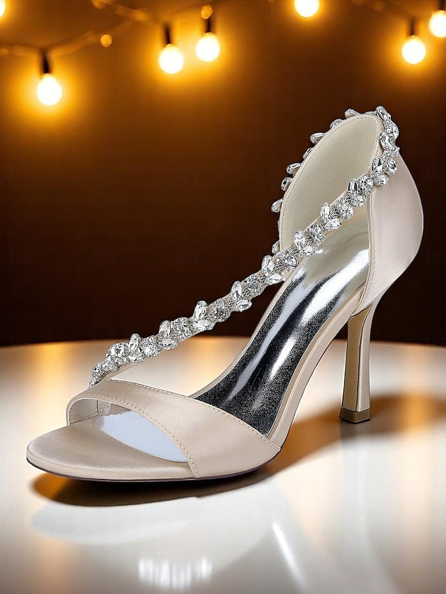 – Satin Champagne Crystal High Women's Heels T-Strap with