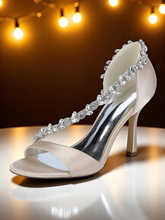 – Satin Champagne Crystal High Women's Heels T-Strap with