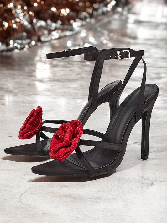 - with Sandals Floral Black High Red Heel Chic Embellishments