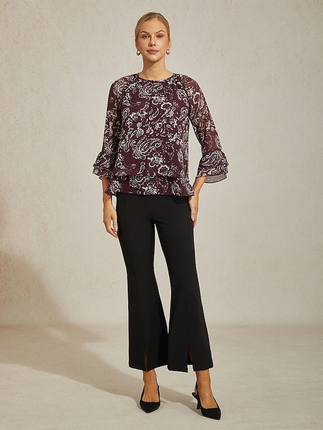 Women's Outdoor Wine Ruffle Crewneck 2 in 1 Fashion Crew