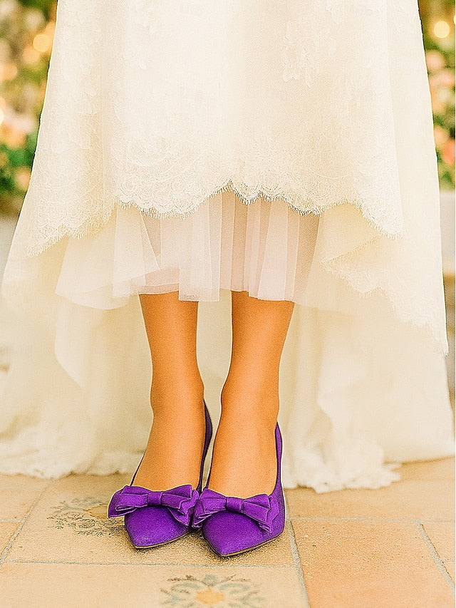 Women's Pointed Satin Bow Green - Flats Toe Elegant