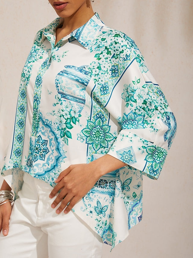 Celadon Bloom Story Silky Satin Dolman Sleeve Shirt