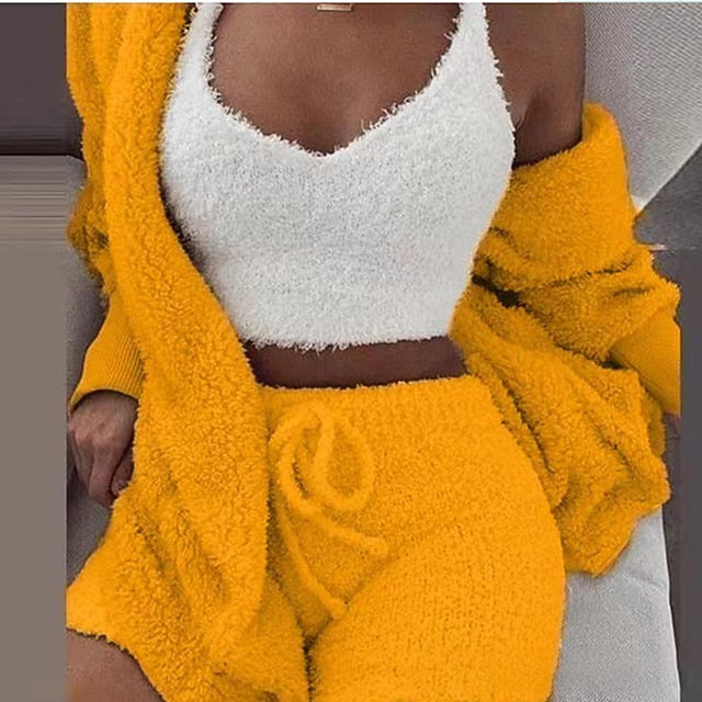 Warm Fuzzy Pajama Set 3PCS Long Sleeve Hooded Robe & Tank