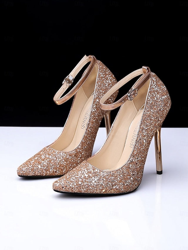 Toe – Glitter Pointed Heels Women's Sparkly Stiletto Gold