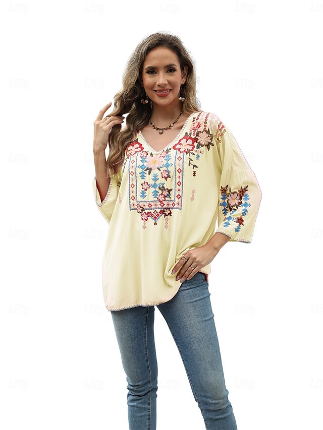 Women's Boho Shirt Embroidered Solid Color Floral Bohemia
