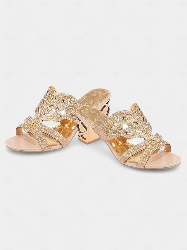 Rhinestone Embellished Heeled Gold and - Sandals Green