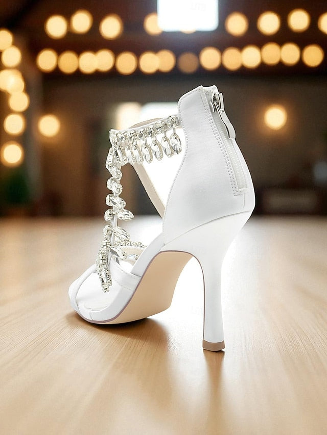 with Strappy Heel High Sandals Rhinestone Women's White