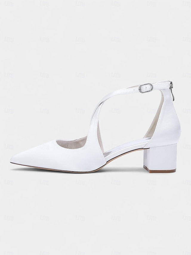 Block Heels Women's Satin Ivory - Toe Pointed Elegant