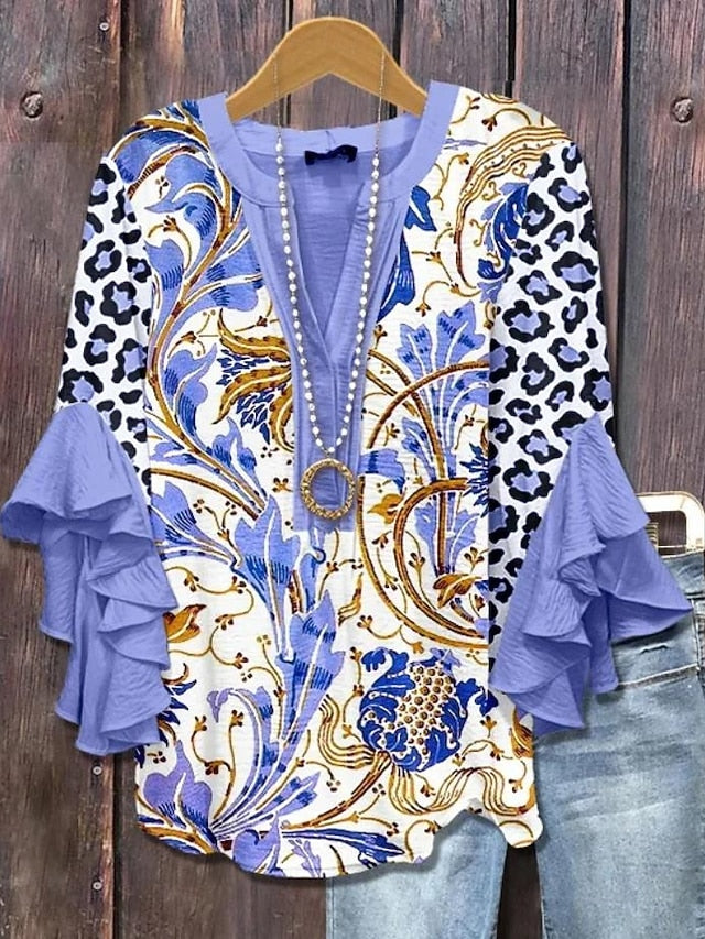 Women's Blouse V Neck Layered Ruffle Sleeve Tops Floral