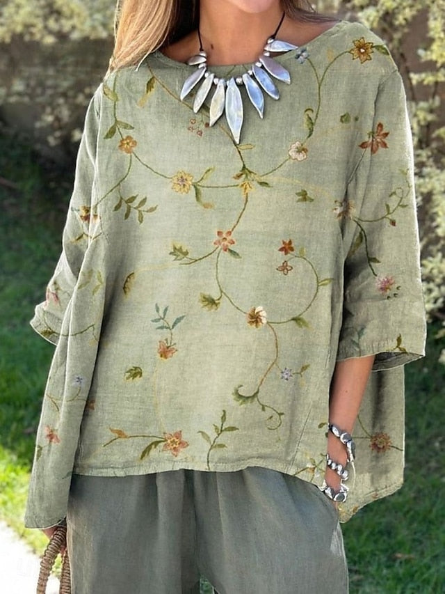 Women's Shirt Faux Cotton Linen Print Floral Daily Casual