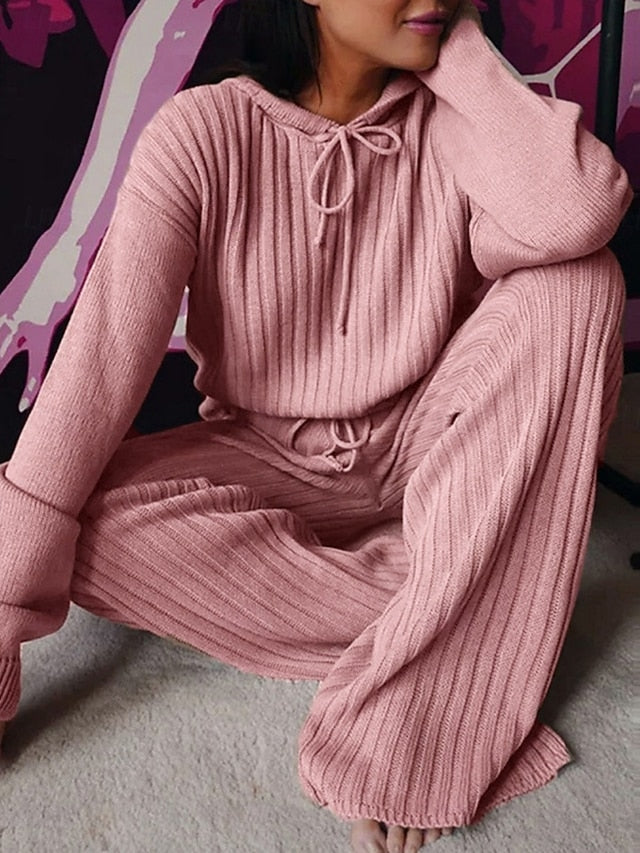 Women's Pants Sets Bolero Top Long Sleeve Hooded Solid