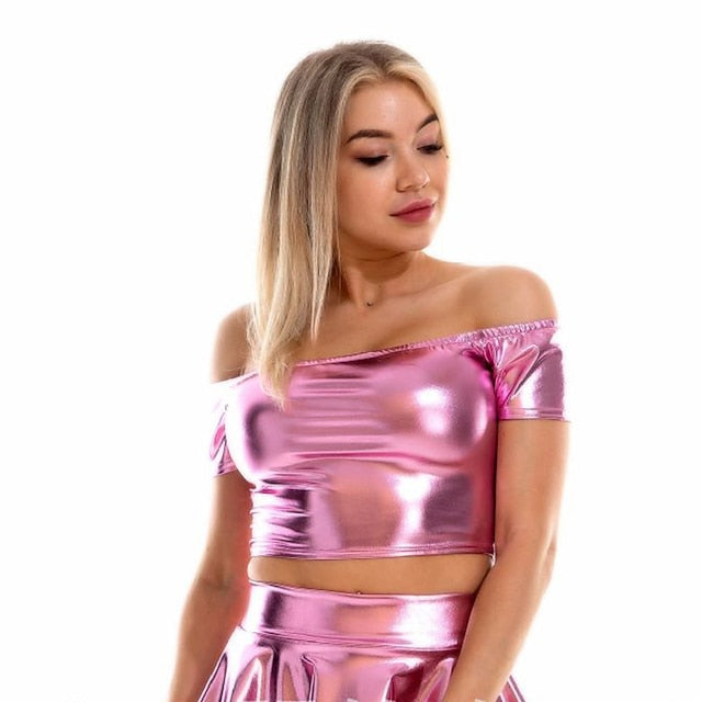 Metallic 1980s Shiny Latex Patent Crop Top PU Leather Off