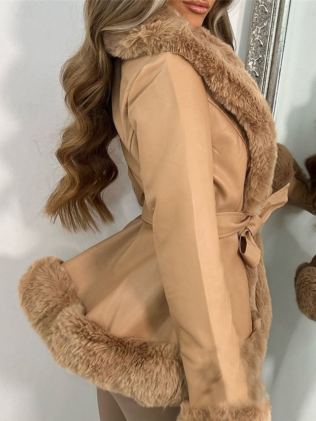 Collar Leather Women's Warm Faux Fur Jacket Breathable
