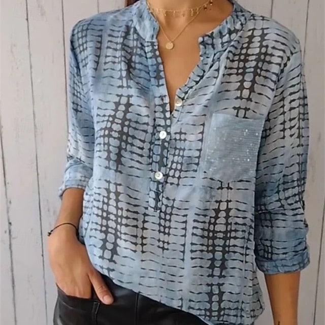 Women's Blouse Dressy Tops Ruched Patchwork Pocket Plaid