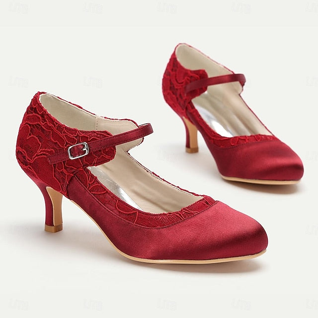 Lace Women's Heels Satin Red Comfortable - Mid-Heel Elegant