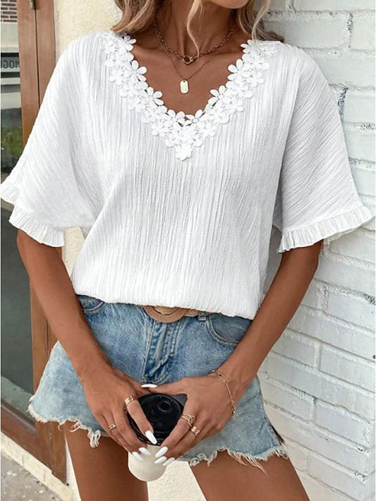 Women's White Elegant Lace Tops Eyelet Blouse Plain Lace