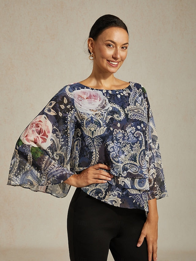 Women's Blouse Green Paisley Botanical Print Layered
