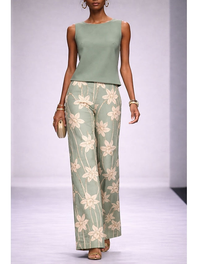 Women's Pants Sets Sleeveless Crew Neck Floral Graphic