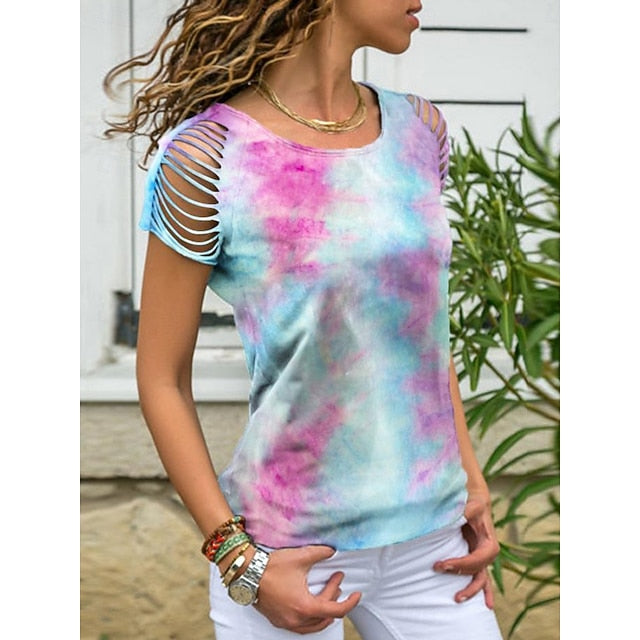 Women's T Shirt Tee Top Print Hole Tie Dye Fashion Stylish