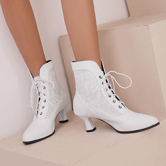 Embroidered Ankle Women's White Lace-Up Panels with Boots