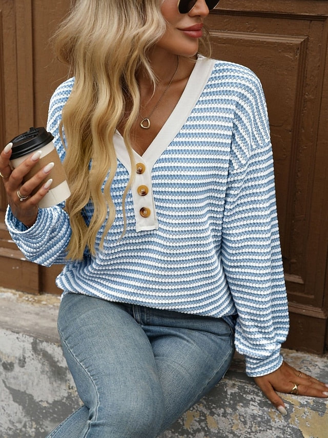 Women's T Shirt Tee Top Patchwork Buttons Print Striped