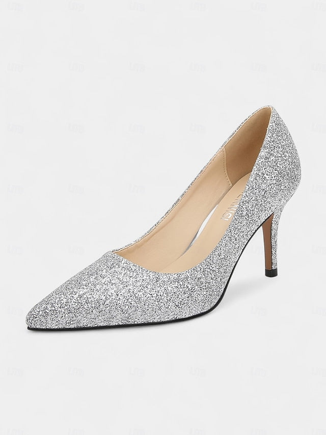 Women's Stiletto Sparkly Pumps Gold Pointed-Toe Glitter -