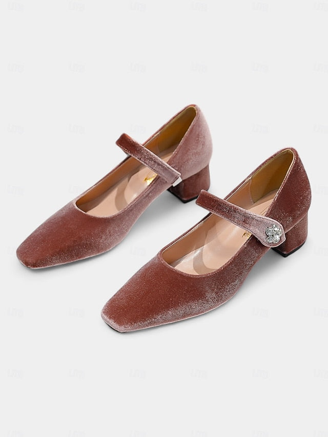 Green Women's Mary - Jane Block Toe Velvet Pumps Square