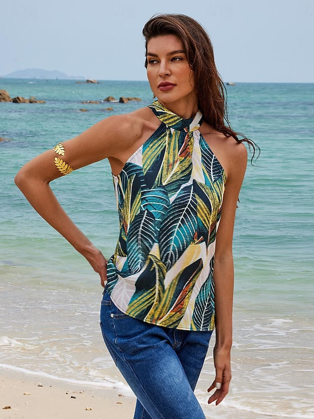Women's Halter Crisscross Tank Bow Backless Leaf Leaves