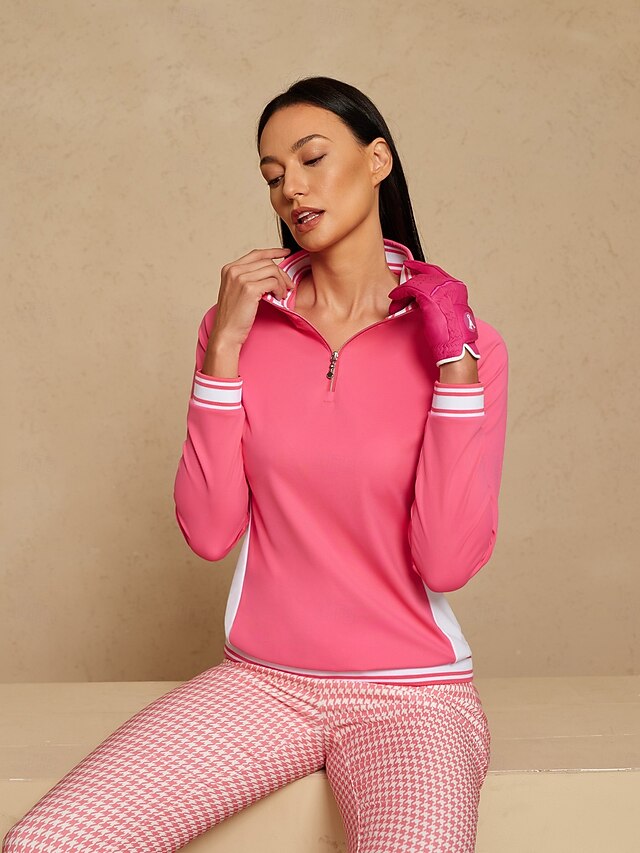 Women's Golf Polo Shirt Navy Rose Red Long Sleeve Top