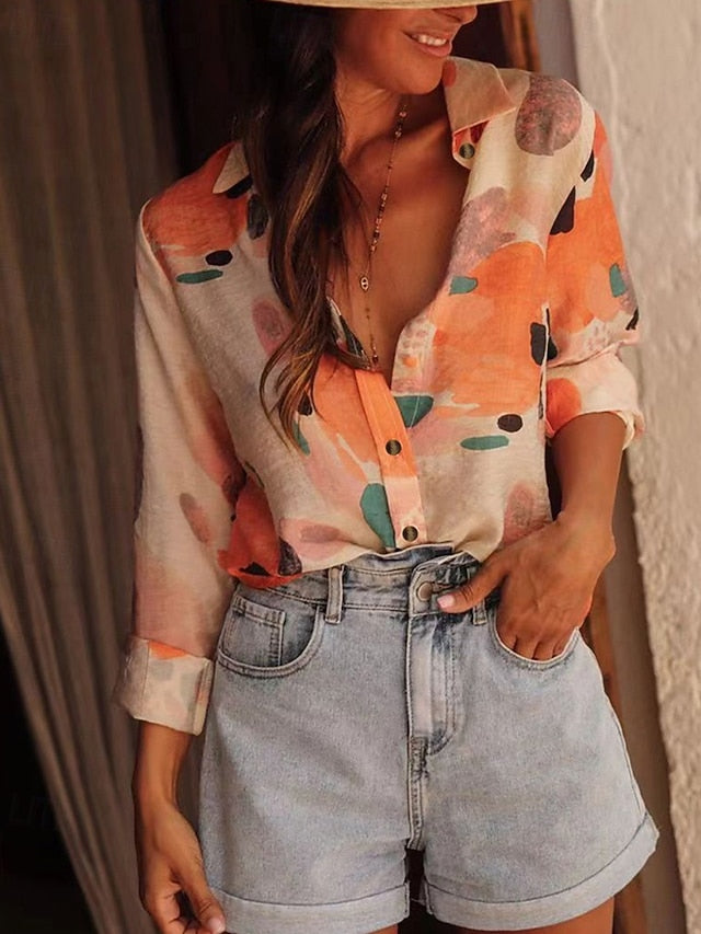 Women's Shirt Pocket Buttons Print Floral Bohemia Stylish