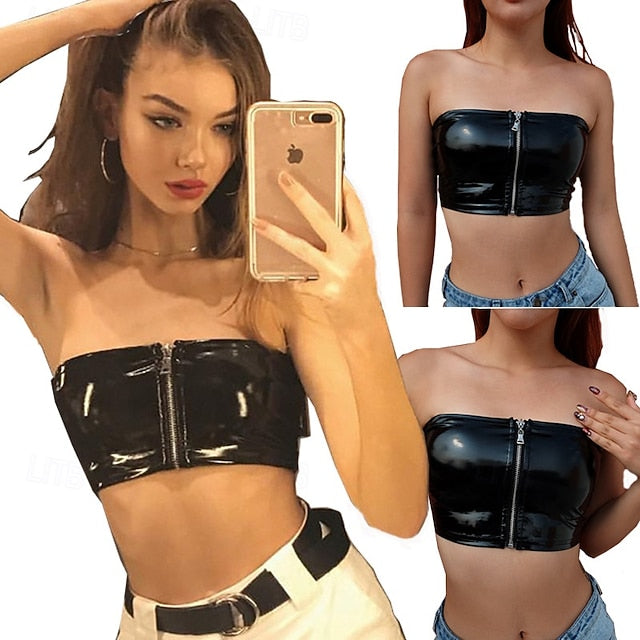 Retro Vintage 1980s Tube Top Disco Shiny Latex Patent Metallic