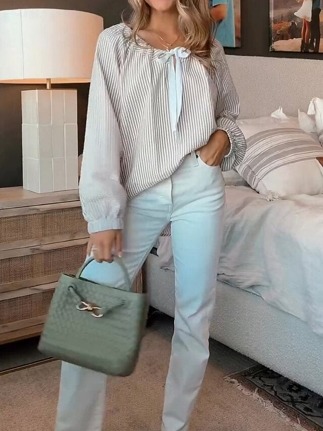 Women's Shirt Blouse Print Striped Basic Casual Long Sleeve