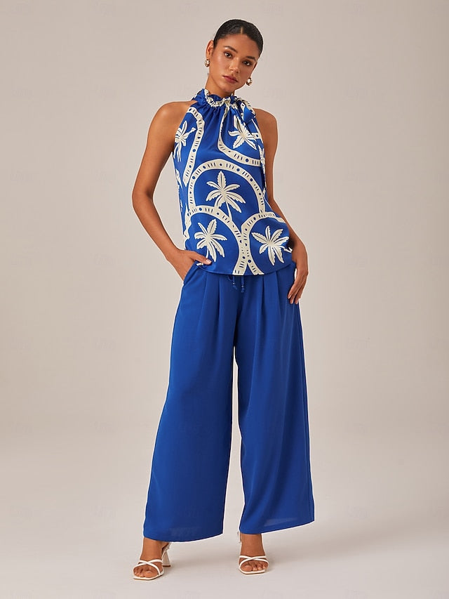 Geometric Print Sleeveless Top with Ruffle Tie Neck