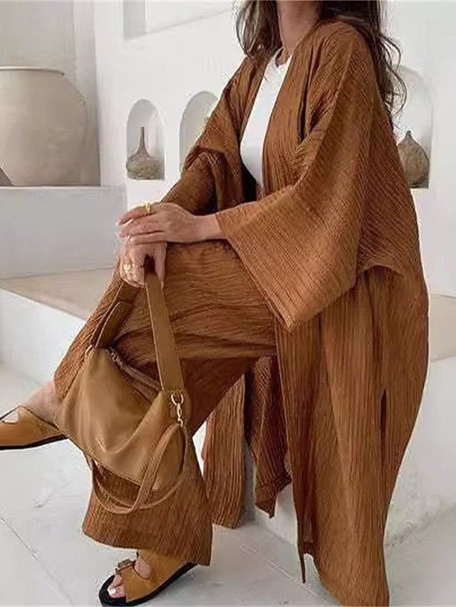 Women's Pants Sets Long Sleeve Bell Sleeve V Neck Plain