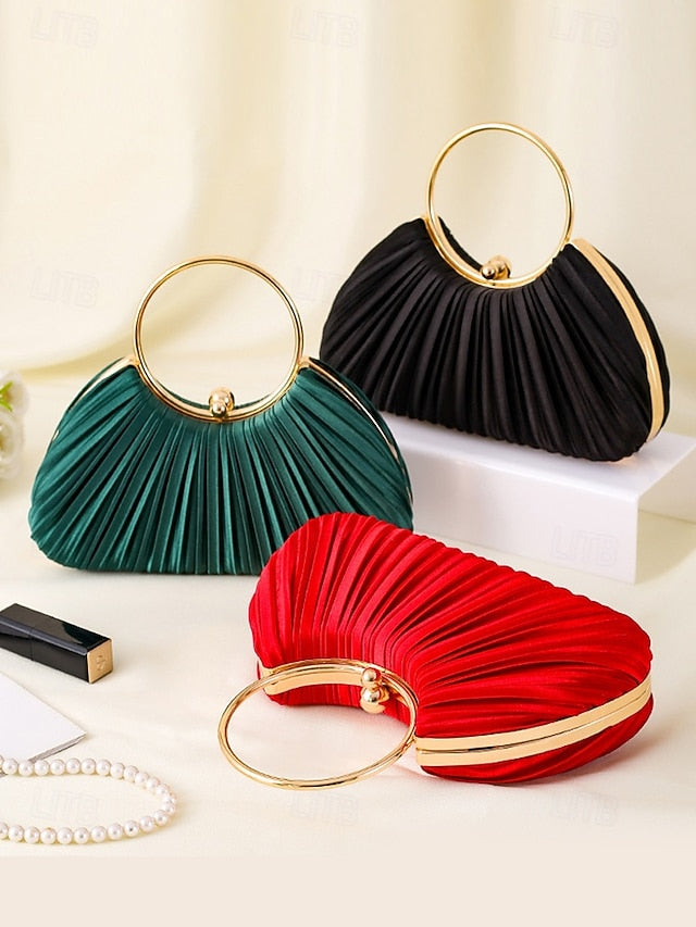 with Elegant Pleated Green Velvet Clutch - Handle Ring Gold