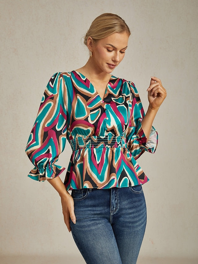 Colorful Abstract Print Satin Top with Cinched Waist