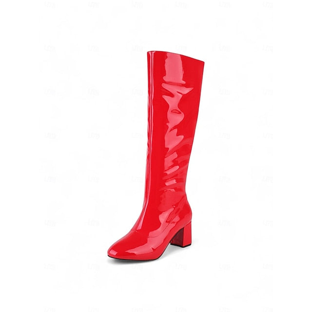 with Knee Leather Red Boots Block Patent High Women's Heel