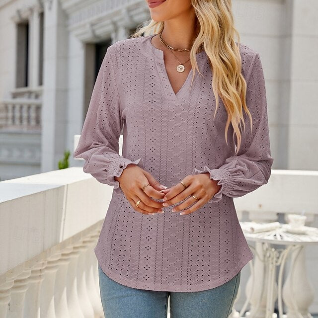 Women's Shirt Blouse Ruffle Shirt Hollow Out Plain Stylish