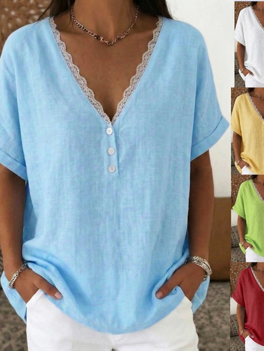 Women's Blouse Faux Linen Shirt Lace Patchwork Buttons