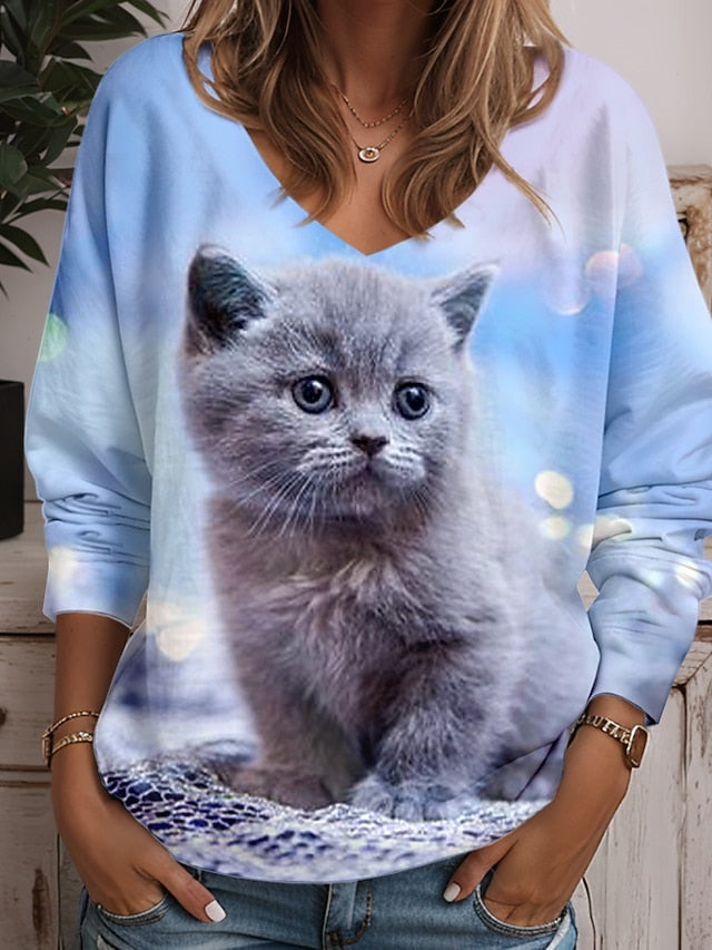 Women's Tunic T Shirt Animal Cat Fashion Funny Long Sleeve