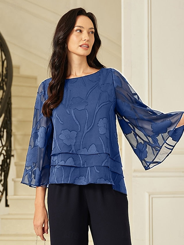 Women's Sheer Blouse Chiffon Tops Lace Asymmetric Hem