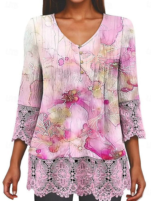 Women's Boho Shirt Tunic Lace Buttons Ombre Floral Stylish