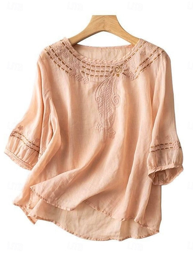 Women's Shirt Cotton Blend Blouse Lace Patchwork Solid