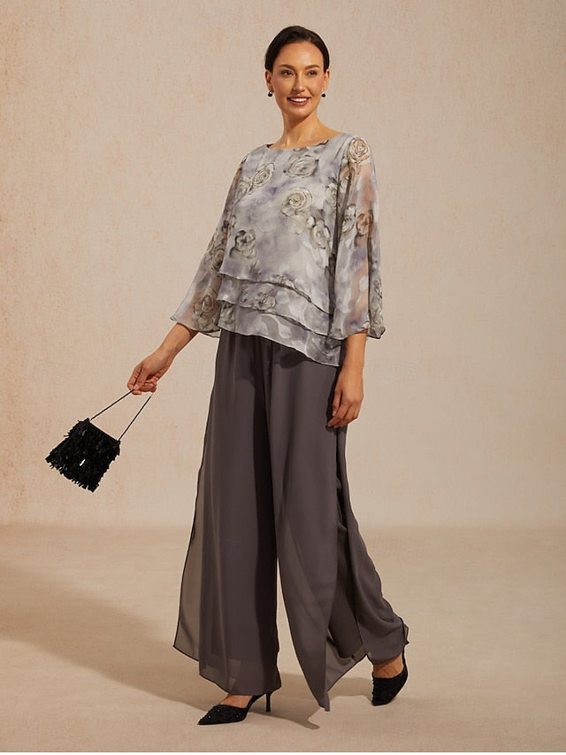 Women's Chiffon Tops Lace up Floral Elegant 3/4 Length