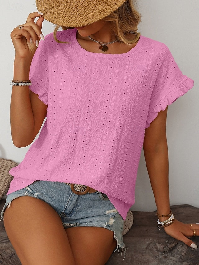 Women's T Shirt Tee Top Eyelet Plain Fashion Stylish