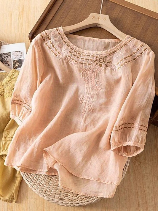 Women's Shirt Cotton Blend Blouse Lace Patchwork Solid