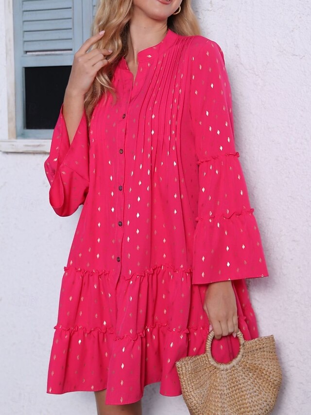 Women's Geometric Stand Collar Mini Dress Long Sleeve