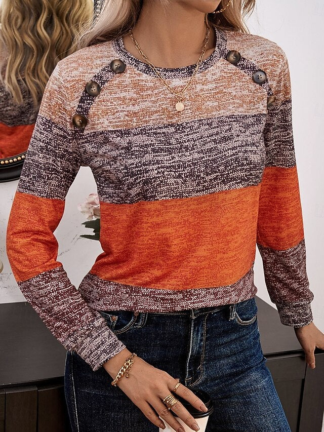 Women's T Shirt Patchwork Buttons Print Striped Fashion
