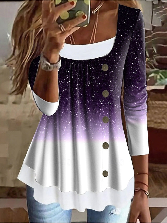 Women's T Shirt Patchwork Buttons Print Ombre Graphic