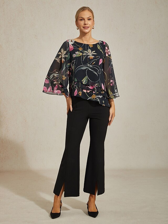 Women's Blouse Black Floral 3/4 Sleeve Loose Round Neck